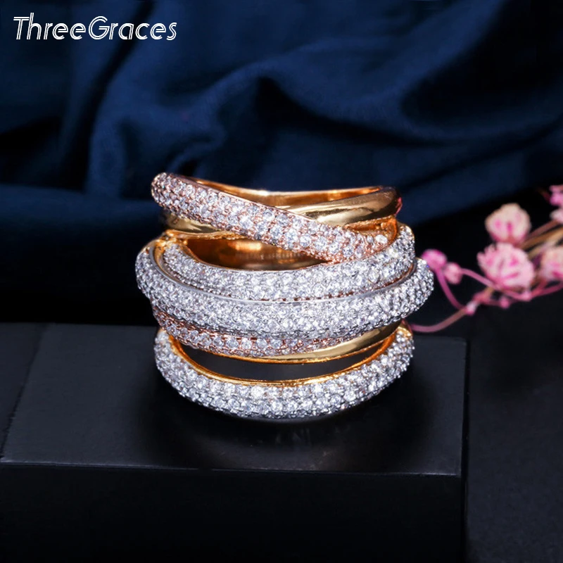 ThreeGraces Luxury Multi Rose Gold Color Dubai CZ Stone Setting Irregular Round Cocktail Party Rings for Women RG014