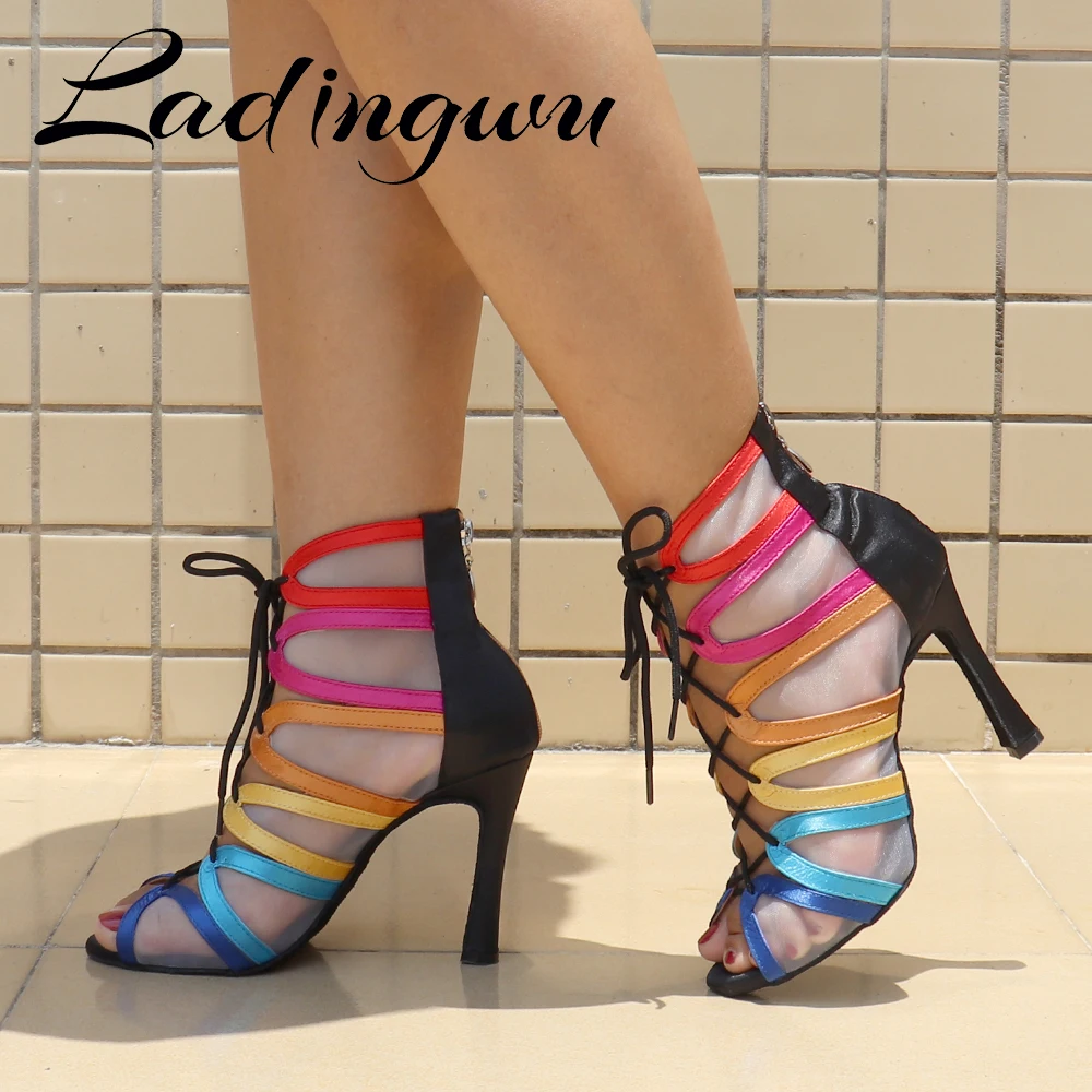 Ladingwu New Salsa Dance Shoes For Woman Colorful Satin And Breathable Mesh Latin Shoes Dancing Party Samba Tango Ballroom Shoes