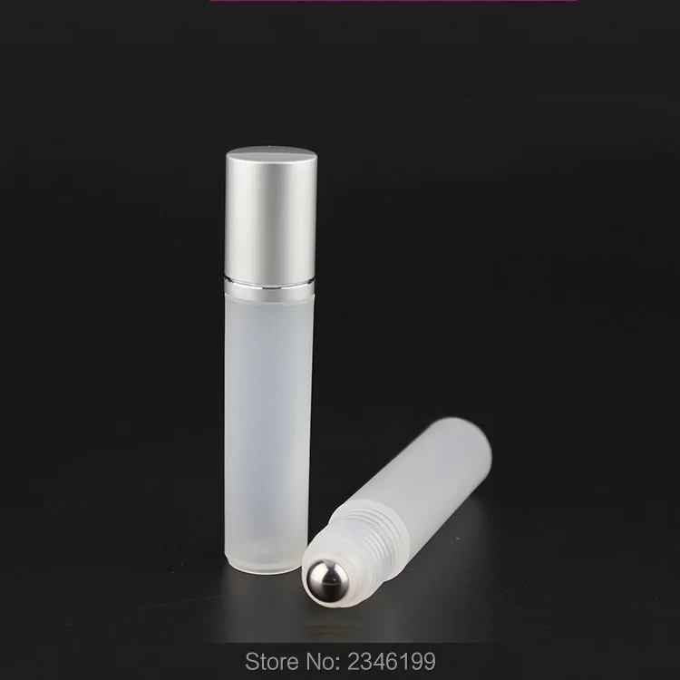 50pcs 10ML Roll on Bottle Silver Lid Steel Bead Ball Empty Perfume Cosmetic Packaging Matte Frost Plastic Roller Bottle