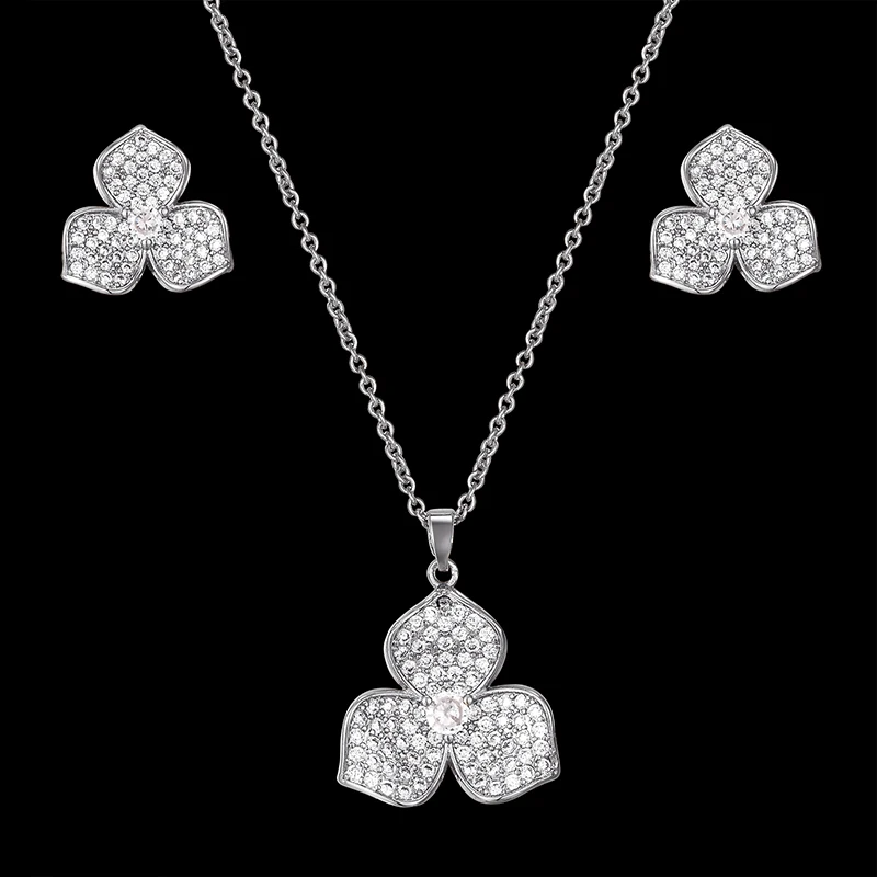 Lanruisha Simple pendants and Earrings women's jewelry set all zirconium micro inlay plant Trifolium Necklace fashion jewelry