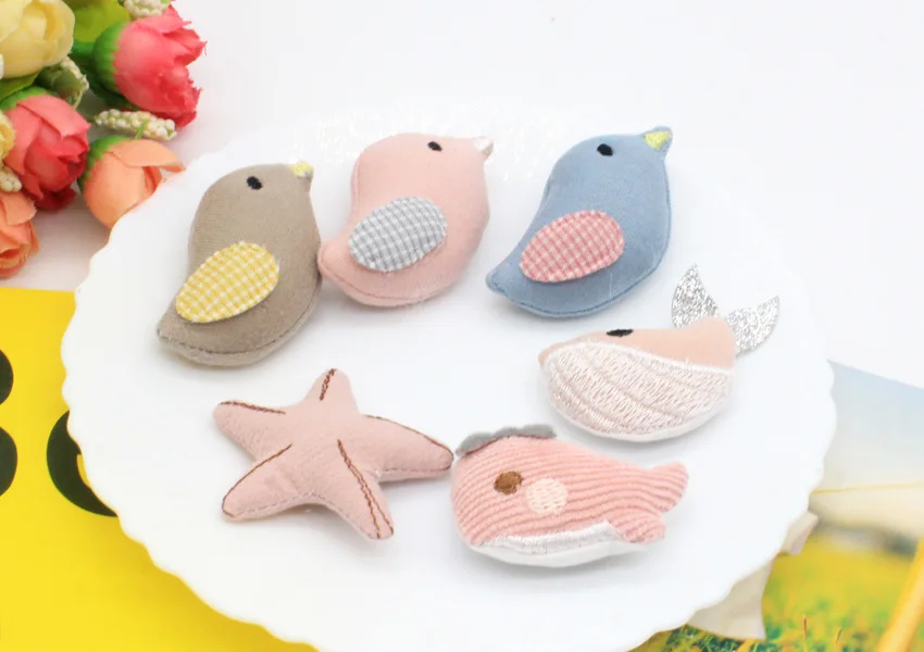 Sweet fish and bird doll padded patches, appliques for clothes, sewing supplies, hair decoration, 4cm, 20 pcs/lot