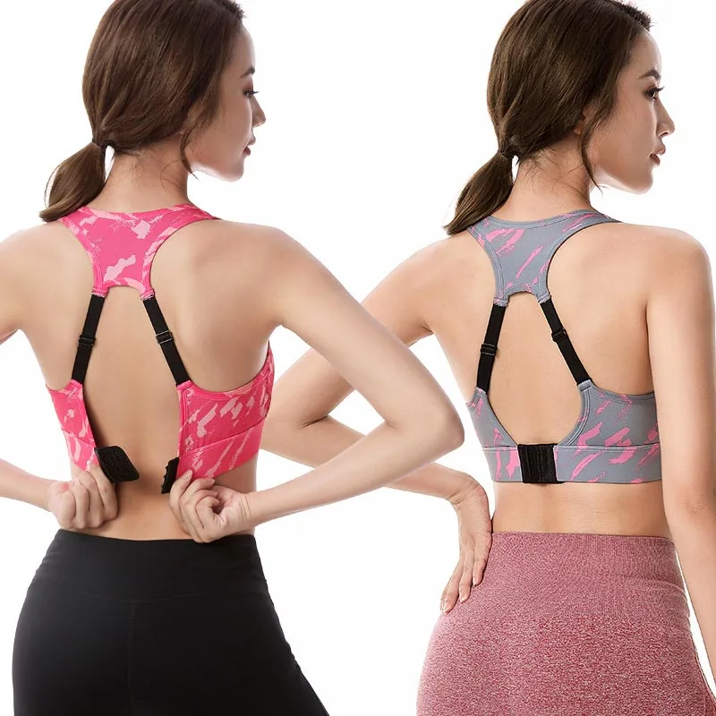 Women Push Up Sports Bra Adjustable Back Buckle Nylon Print Yoga Underwear Gym Bra Fitness Workout Crop Top