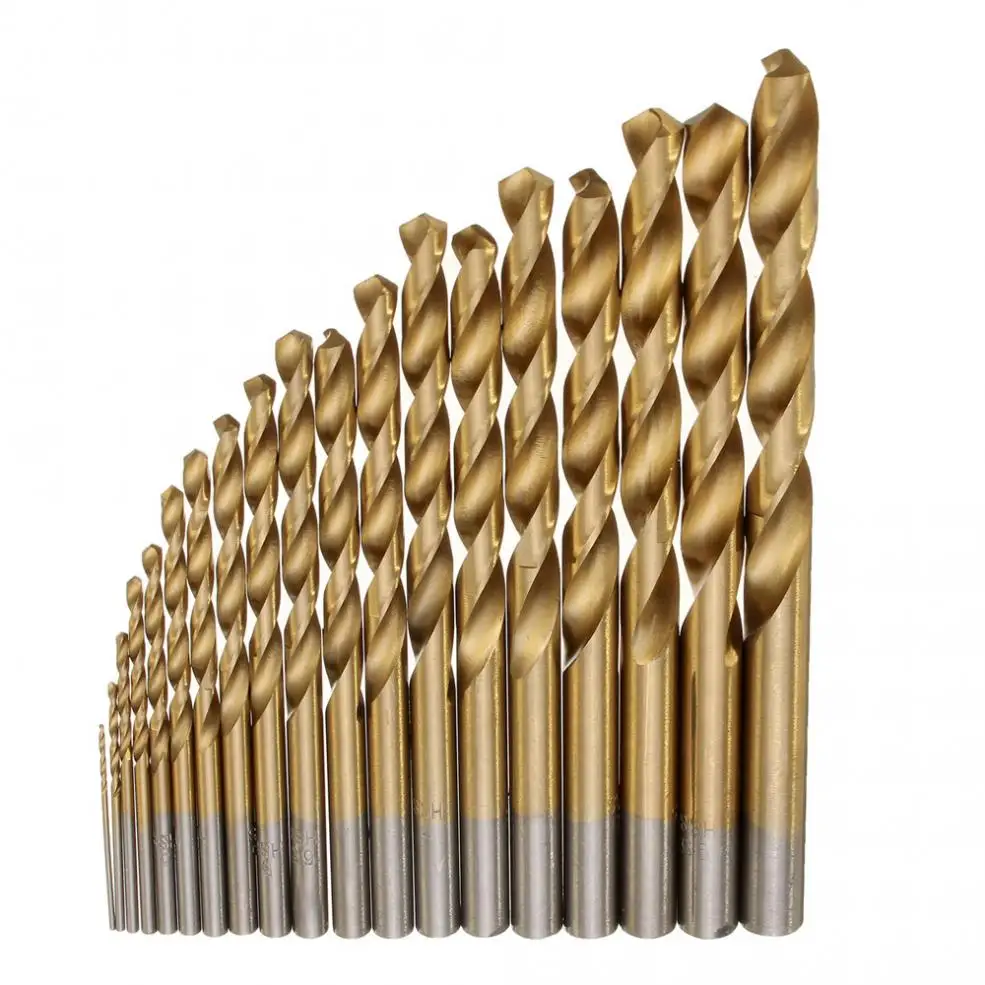 19Pcs Manual Twist เจาะบิตไทเทเนี่ยมเคลือบ HSS เครื่องมือเจาะเหล็กความเร็วสูง1มม.-10mm ใหม่