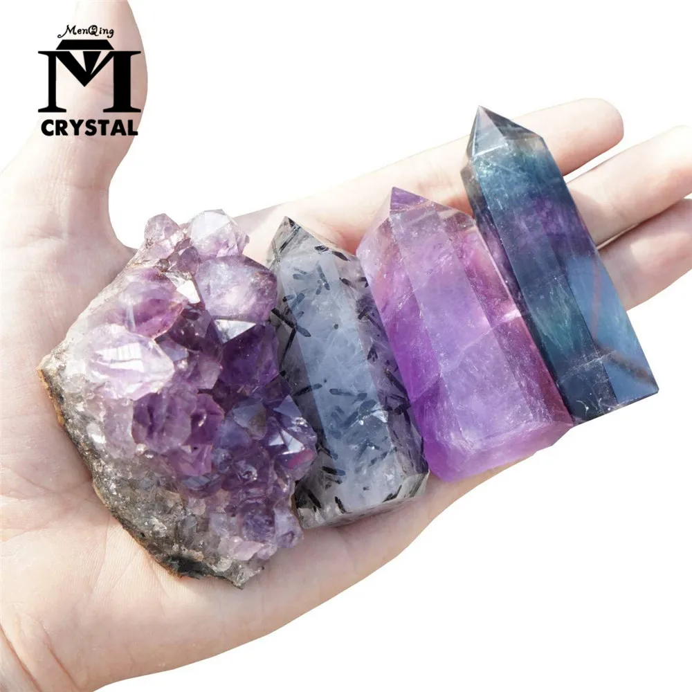 

1Set Natural Fluorit Tourmali Quartz Hexagonal Column Amethyst Cluster Healing Wand Mineral Crystal Point Home Decoration Stone