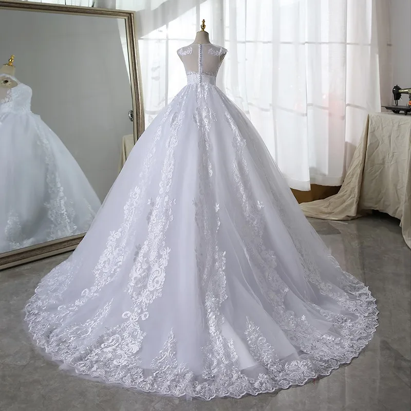 Vestido de casamento de renda branca pura com trem sem mangas vestido de noiva com zíper traseiro vestido de baile de luxo robe de noiva cu