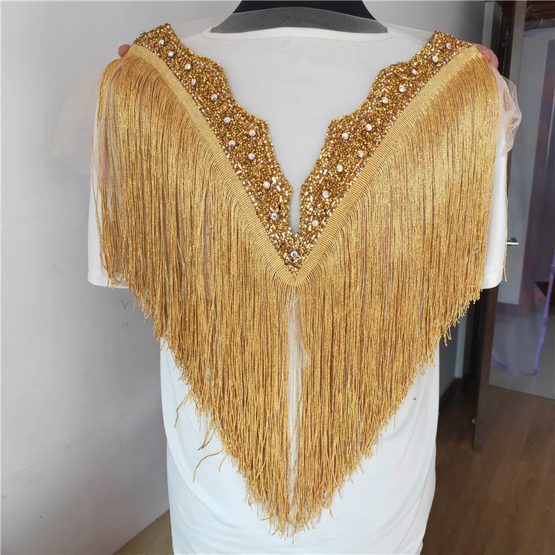 1pcs Hot Sale New Gold Wedding Embroidered Crystal Rhinestone Collar With Tassels Appliques Deep-V Neckline With More DIY Fringe