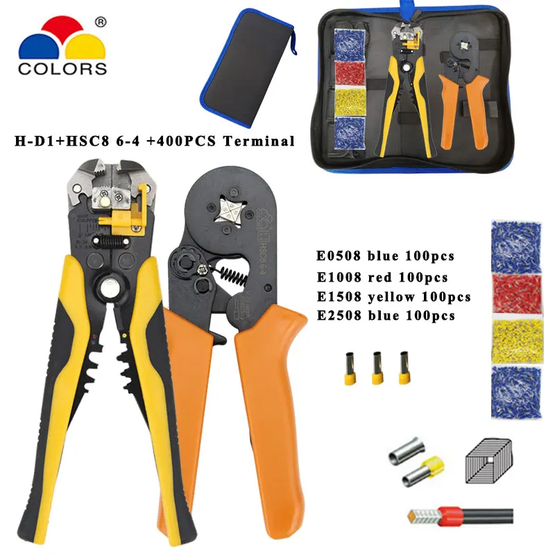 

Crimping stripping cutting pliers kit HSC8 6-4 0.25-6mm2 with tubular terminals 400pcs/box electrical crimping tool clamp set