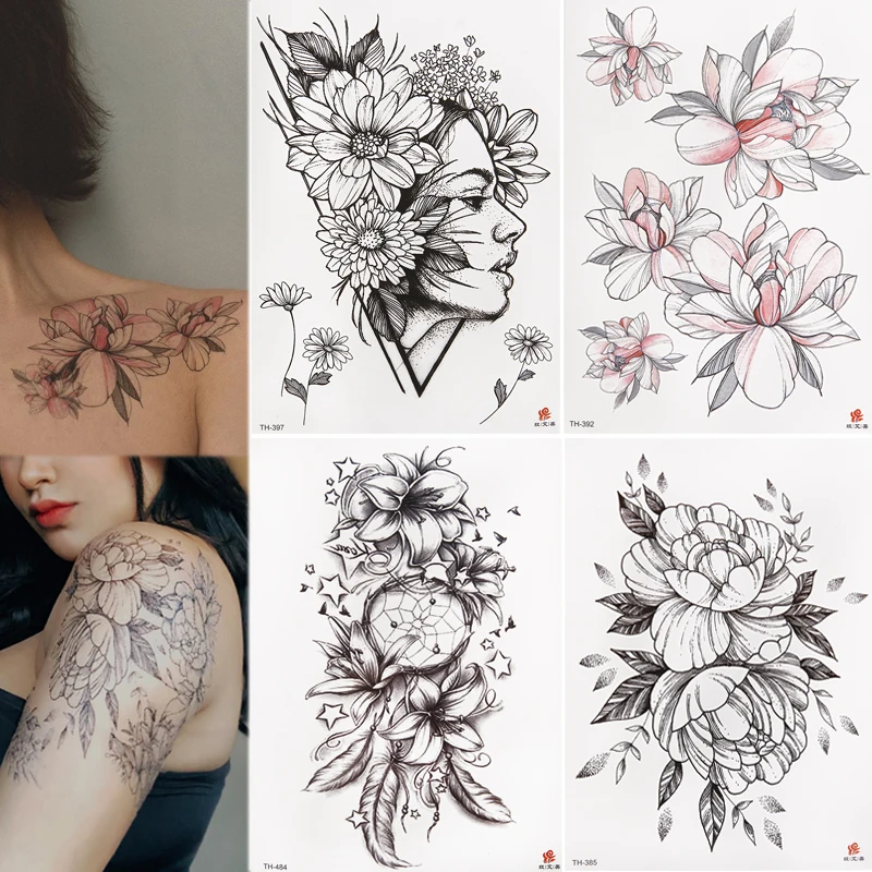 1pcs Waterproof Temporary Tattoo Stickers Black Roses Flower Design Arm Body Art 3D Transfer Fake Tattoo for Women Girl