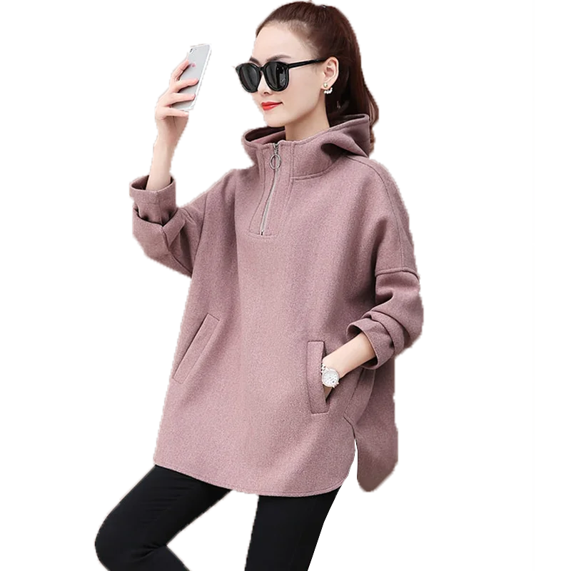 

Women Autumn Jackets 2023 New Oversize itself Pullover Woolen cloth Coat Female Loose Large size Overcoat Hooded Top A247