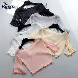 Ruoru Sexy Mesh Shiny Bling Bling T Shirt Women Summer Transparent Club Party Cute Tee Shirts Sexy Thin Kawaii Crops Tops