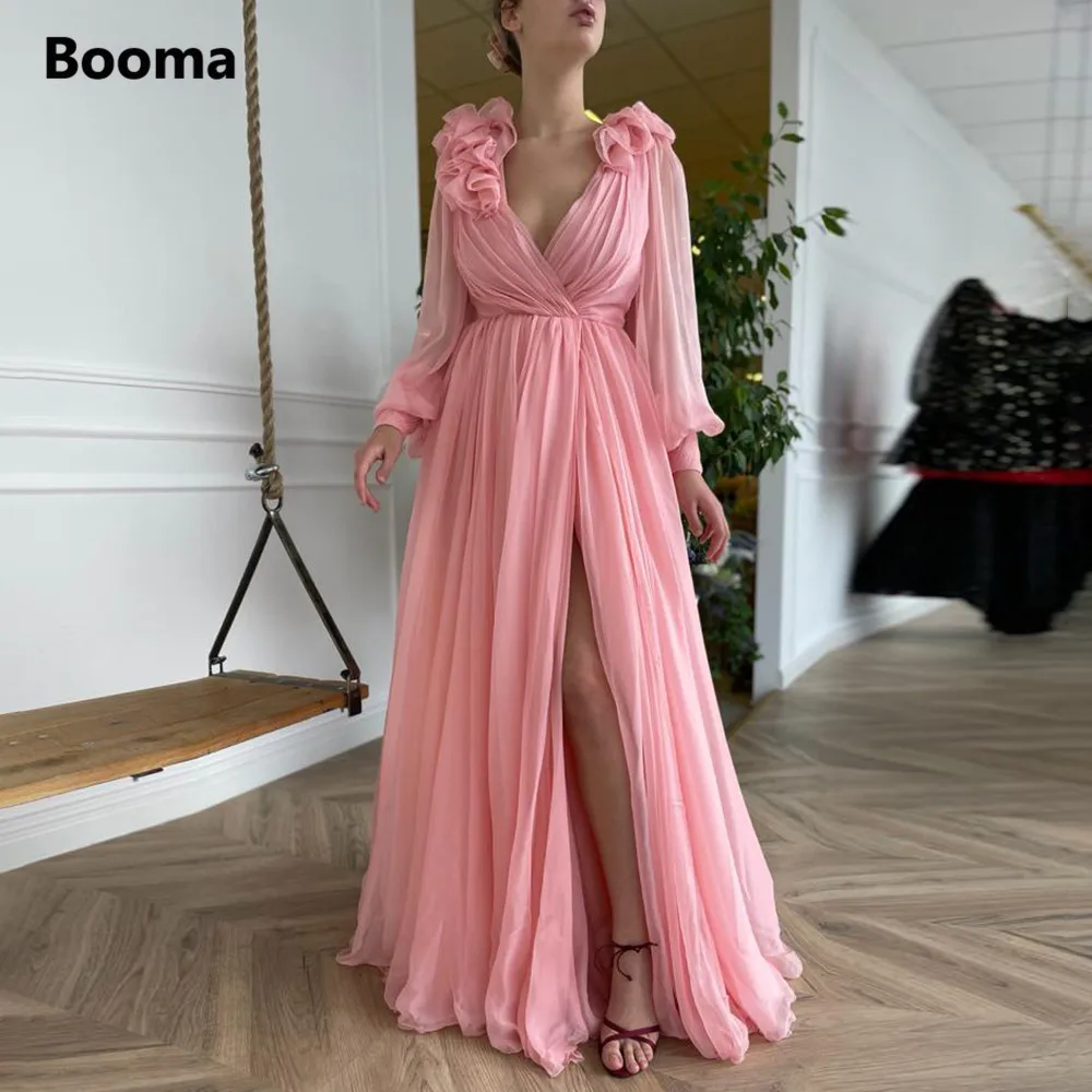 Booma elegante rosa chiffon vestidos de baile com decote em v mangas compridas puff babados alta fenda a linha vestidos de festa de casamento vestidos formais