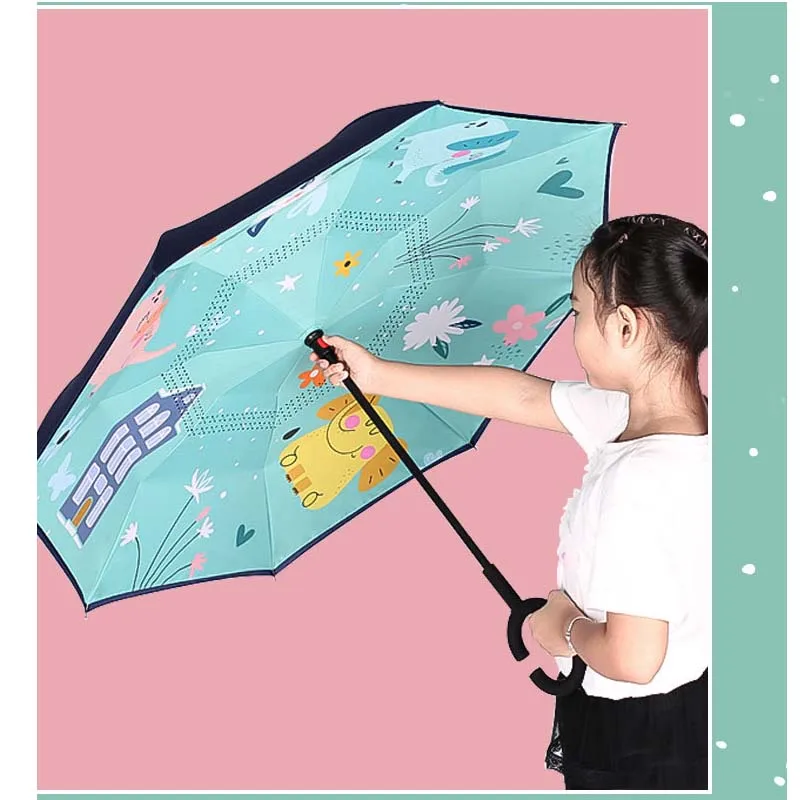 Reverse umbrella double-layer non-holding long-handled children\'s umbrella for primary school students cute cartoon rain and sun