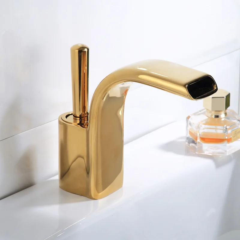 Artistic Deck Mount Brass Golden Waterfall Bathroom Sink Mixer Tap Gold Single Handle Bathroom Water Faucet G1109