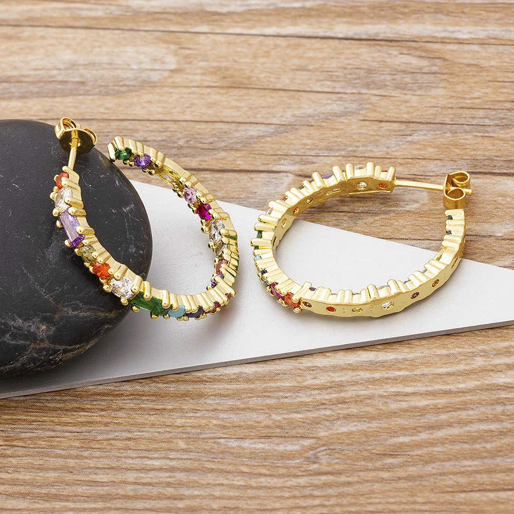 Women's Copper Zircon Big Circle Hoop Rainbow Earrings