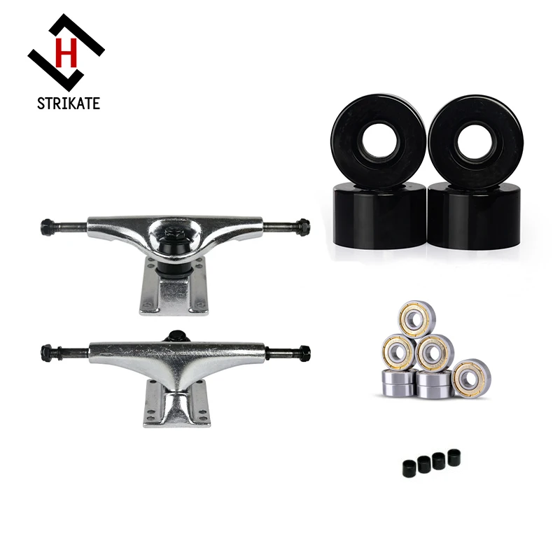 1 par de rodas de caminhão com 5 polegadas, skate e ponte completa com rodas de 56x34mm com rolamento prateado