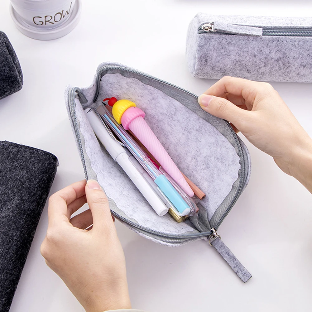 Round/Flat Large Capacity Zipper Felt Cute Pencil Case Student Stationery Storage Kawaii Pen Bag Pencil Case For Girls