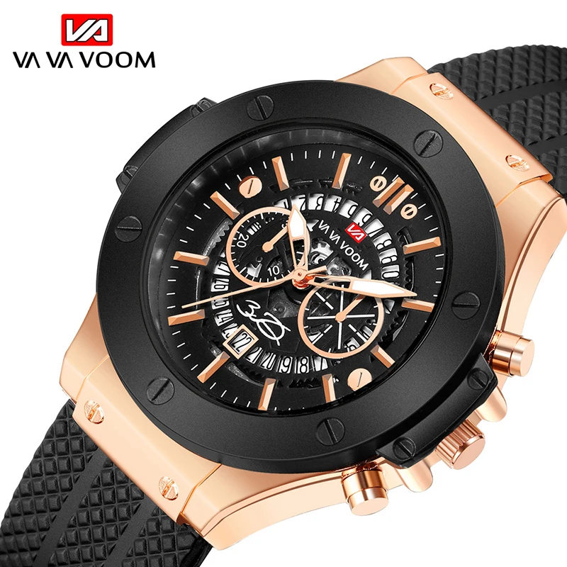 

New Silicone Sport Watch Men Unique Skeleton Calendar Black Gold Two-Color Stitching Design Army Wristwatches Outdoor Clock Male