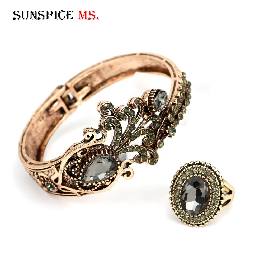 Sunspicems Retro Vintage Bohemia Gray Crystal Cuff Bracelet Bangle Ring Sets Old Gold Color Turkish Bride Wedding Jewelry Gift