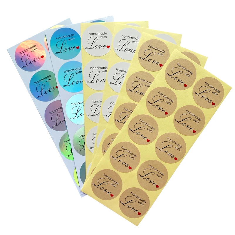 100Pcs 3.5CM Handmade with Love Red Hearts Decorative Stickers Waterproof Round Plain Silver DIY Labels