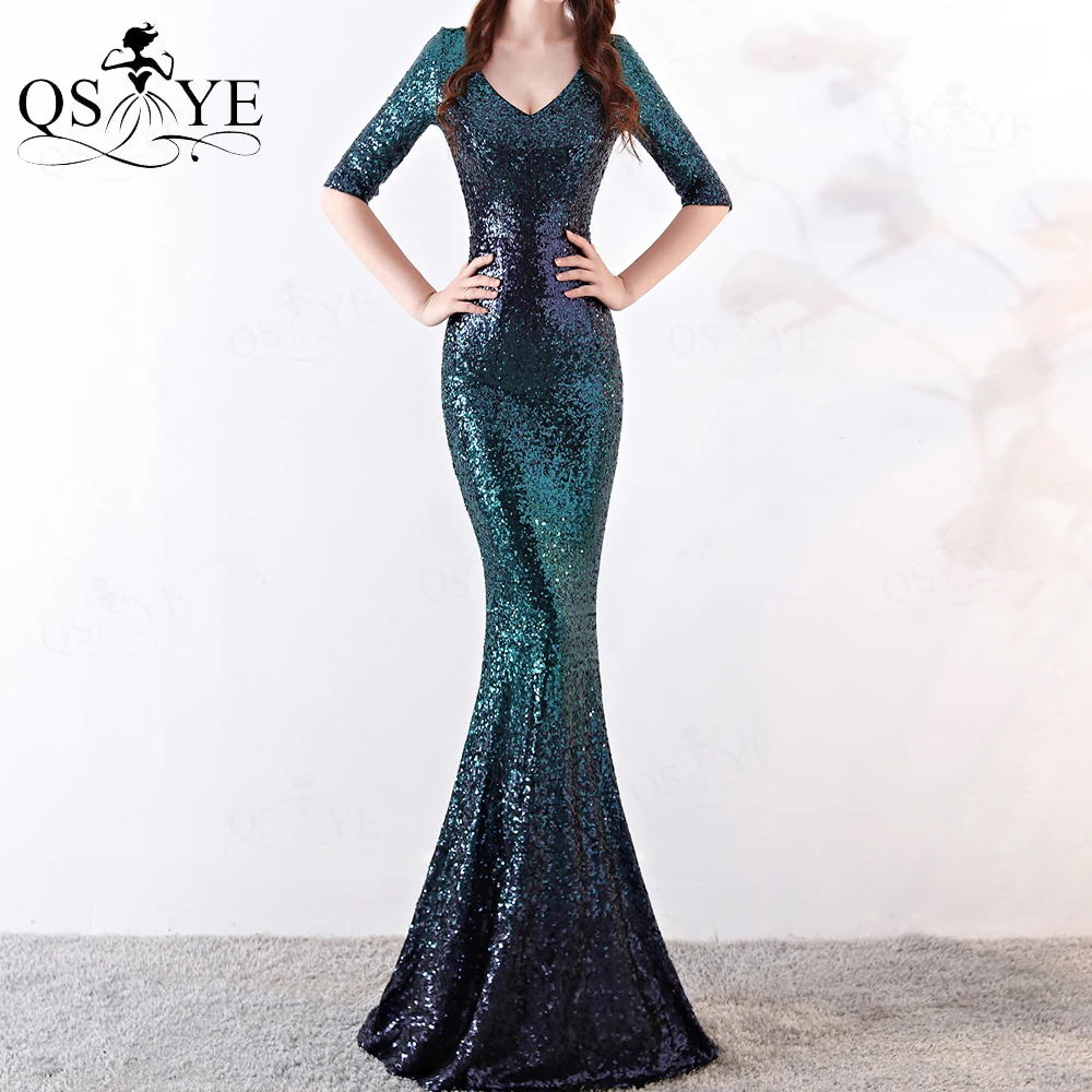 

Green Mermaid Long Prom Dress Half Sleeves V-neck Sequined Color Fade Elegant Vestido De Festa De Gala Longo Abiye Gece Elbisesi