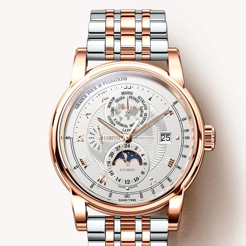 LOBINNI 316L Stainless steel Men Automatic Mechanical Watches Sapphire Glass Waterproof Watch Date Week Moon Phase Watch