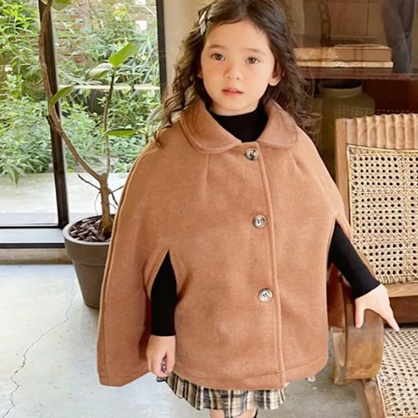 Baby girl Spring autumn vintage woolen cloak outwear kids cute lapel shawl outwear