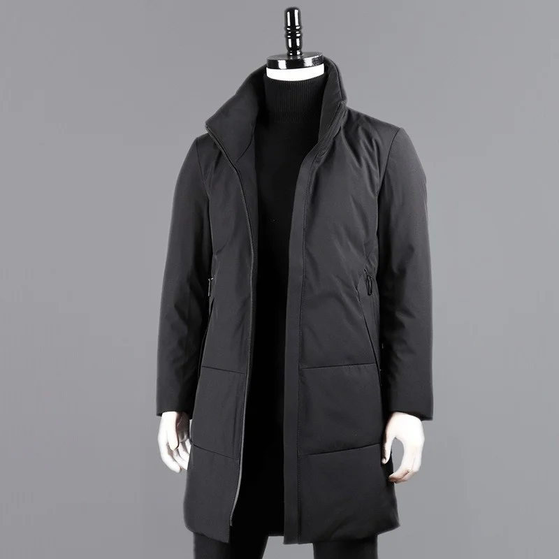 Street High Stand Collar Winter Outerwear Mens Down Coat Solid Color Zipper Casual Overcoat Zipper Thick Warm Long Jacket Male