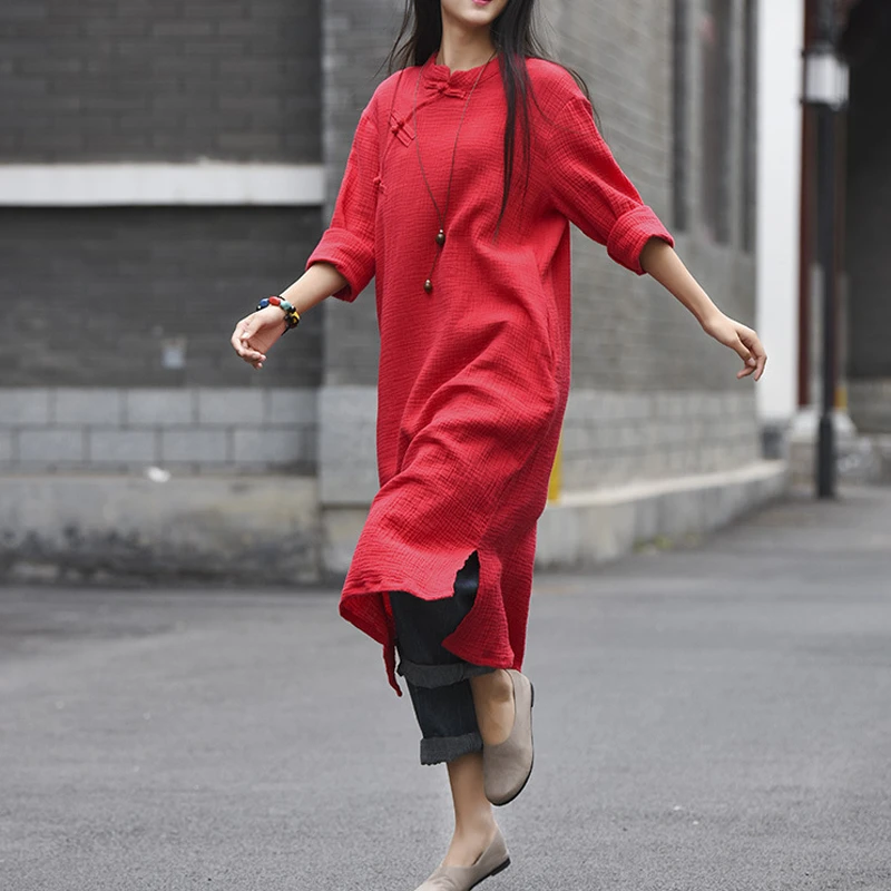 

Chinese Retro Style Oblique Button Two Layer Cotton Linen Dress Vintage Autumn Plus Size Long Dresses Loose Clothes Robe Vestido