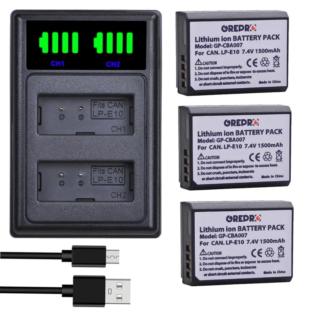 3-Pack LP-E10 LPE10 Battery with LED USB LP E10 Battery Charger for Canon 1100D 1200D 1300D 2000D Kiss X50 X70 Rebel T3 T5