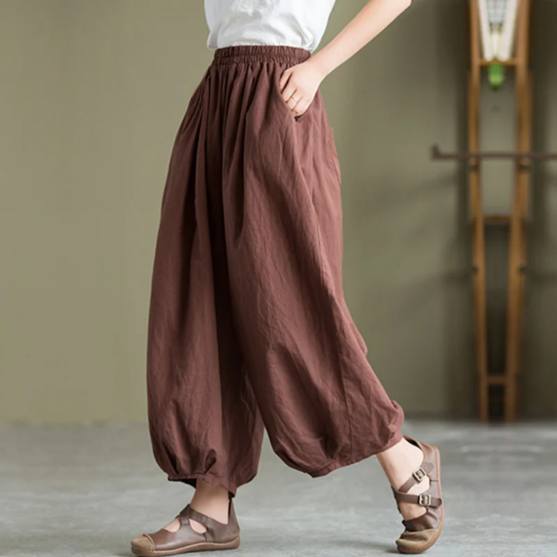 Women\'s Cotton Linen Baggy Cargo Pants  Vintage Elastic Waist Yoga Trousers Loose Casual  Long Wide Leg Slacks