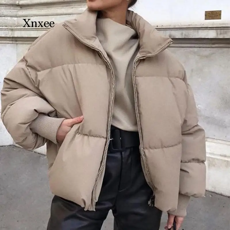 Fashion Stand Collar Parkas Women Thick Warm Winter Bubble Coats Female Khaki Jackets Pockets Zipper Simple Overcoats