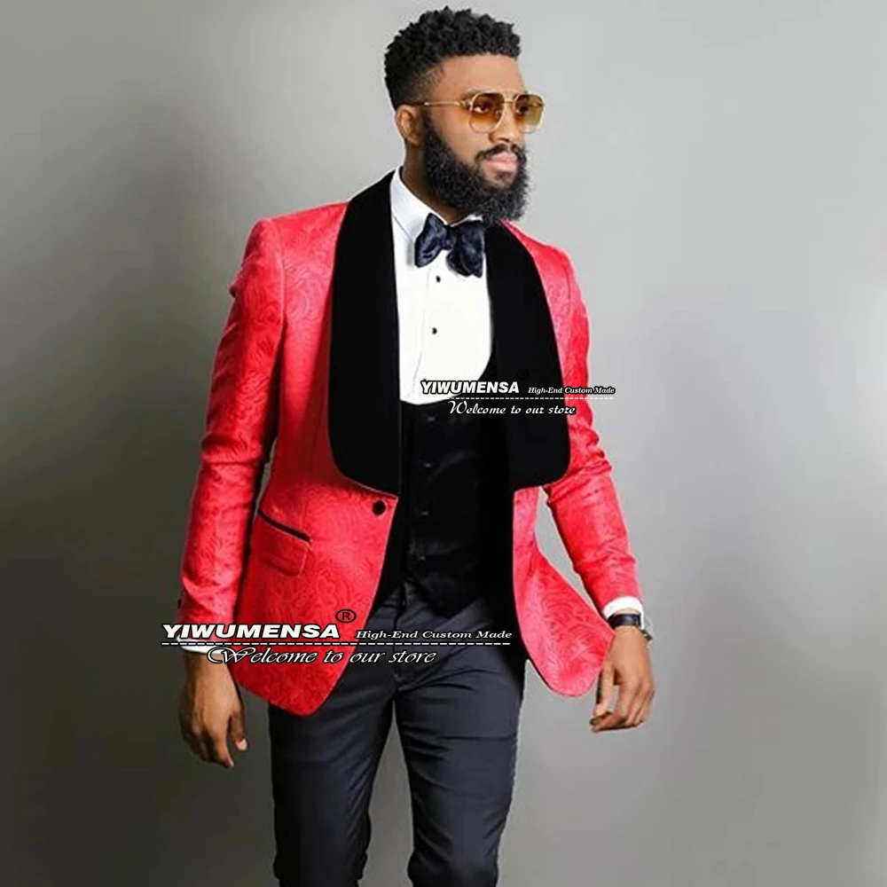 

Spring/Autumn Red Floral Suits Mens For Wedding Tuxedo Groom Wear Black Lapel Jacquard Jacket With Pants Set Costume Homme 2022