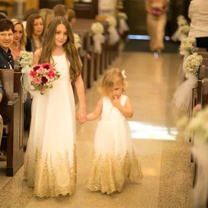 Vestido formal floral para meninas, vestido de primeira comunhão com renda bordada dourada, uma linha, vestido de celebridade, para casamento