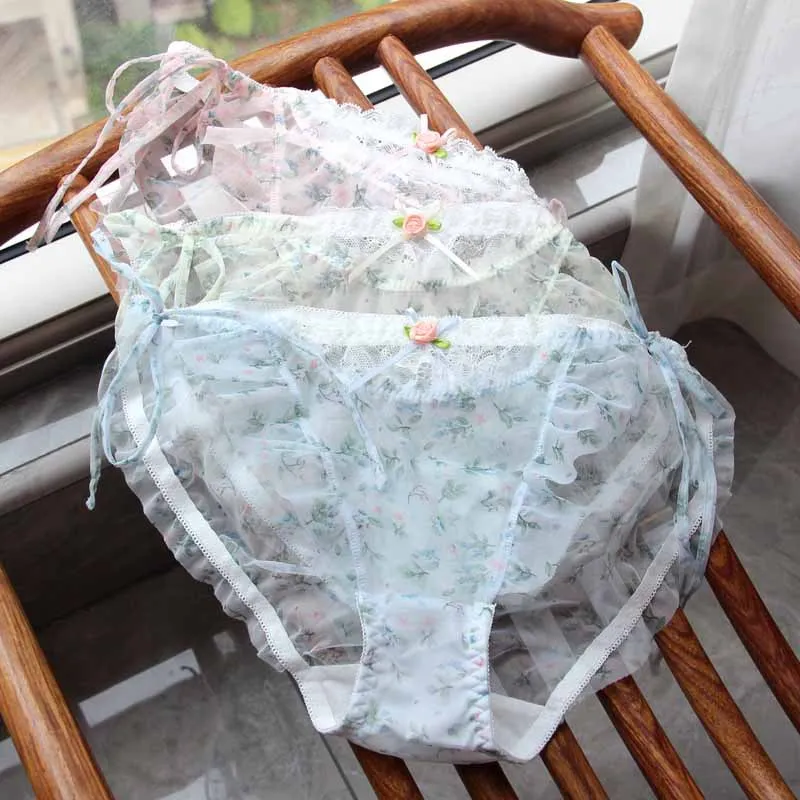 Female Hollow Out Transparent Panties  Summer Quick-drying Ultra-thin Mesh Briefs Sexy Print Strap Underwear Large Size Lingeri