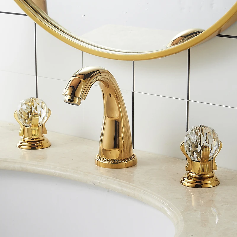 Basin Faucets Mixer Gold Brass Bathroom Sink Faucet 3 Holes Crystal Double Handle Hot and Cold Water Gold Bathroom Bathtub Taps