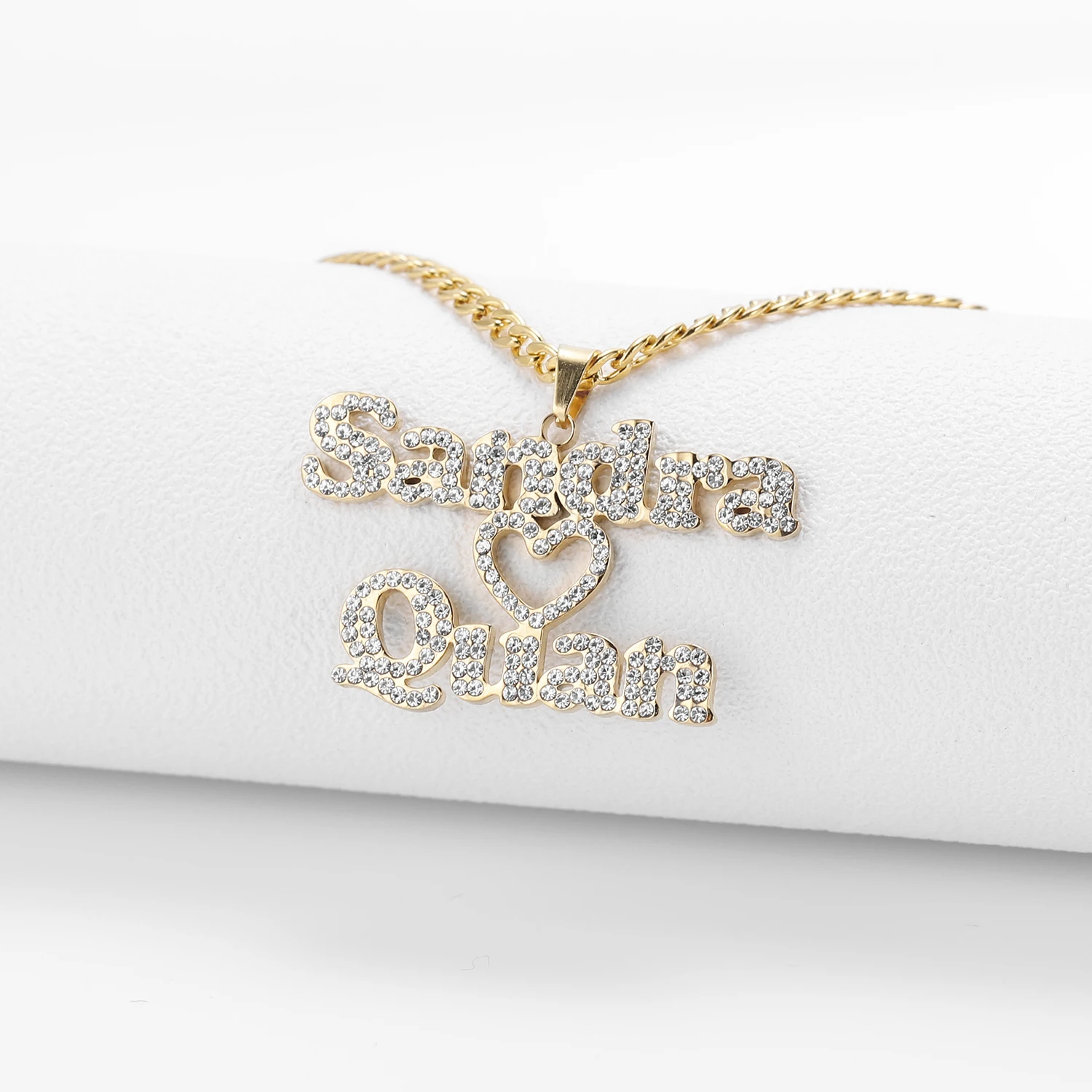 Personalized Custom Iced Out Double Name Necklace Love Heart Choker  chain Necklaces Handwriting Nameplate Couple Jewelry gift