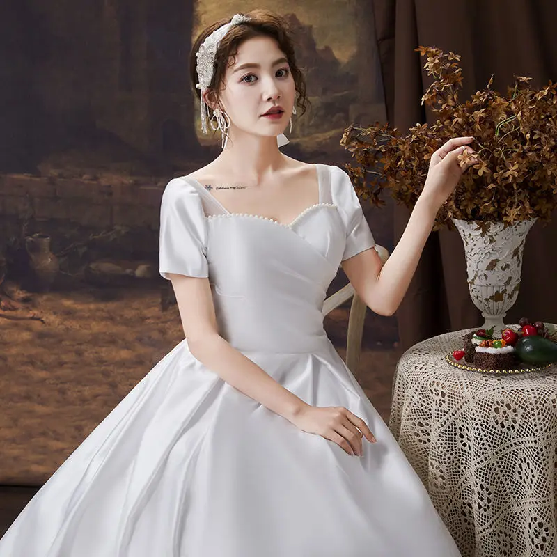 O11889 White Satin Wedding Dress Bride Lace Up Vintage Wedding Dresses Sweet Memory Women Guest Long Robes Party Prom Gown