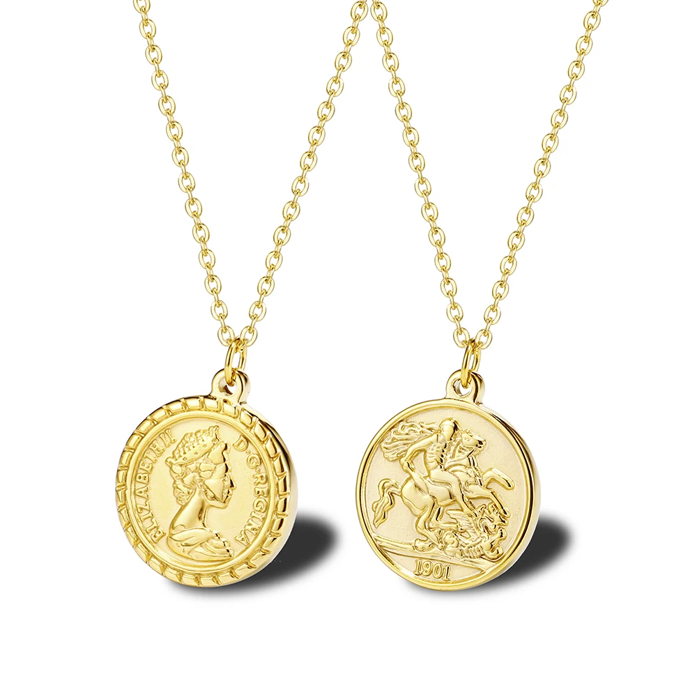 Carved Gold Coin Pendant Necklace for Women Girls Men Stainless Steel Simple Round Chain Goddess Worship Celebrity Medal Jewelry