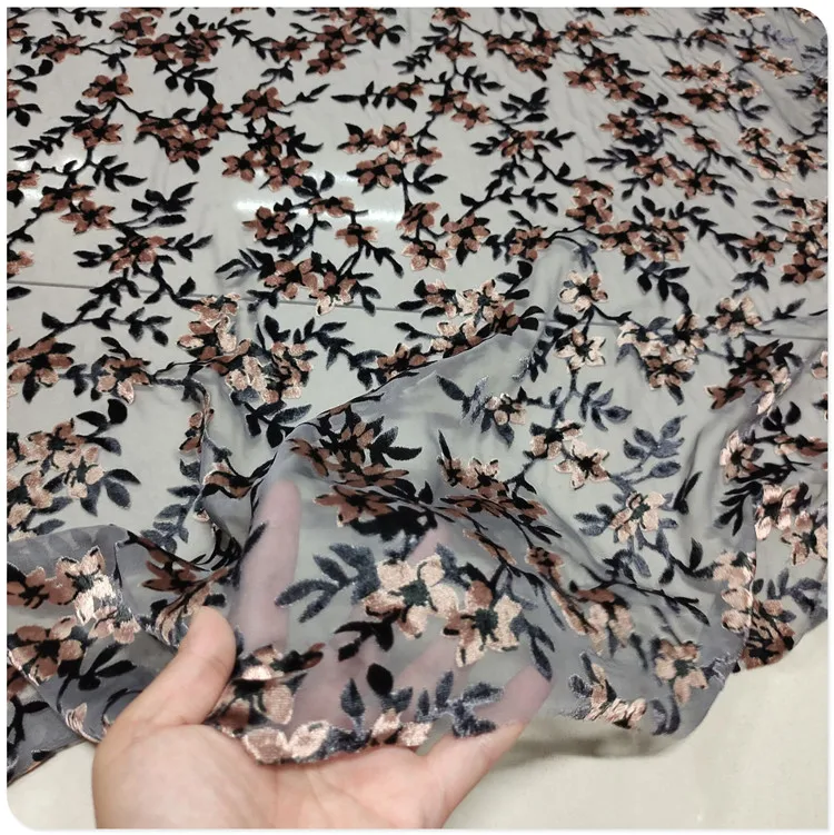 1 Meter Elegant Floral Hollow Out Silk Velvet Mulberry Bottom Cotton Fabric Dress Cheongsam Shirt Short Shawl Clothing