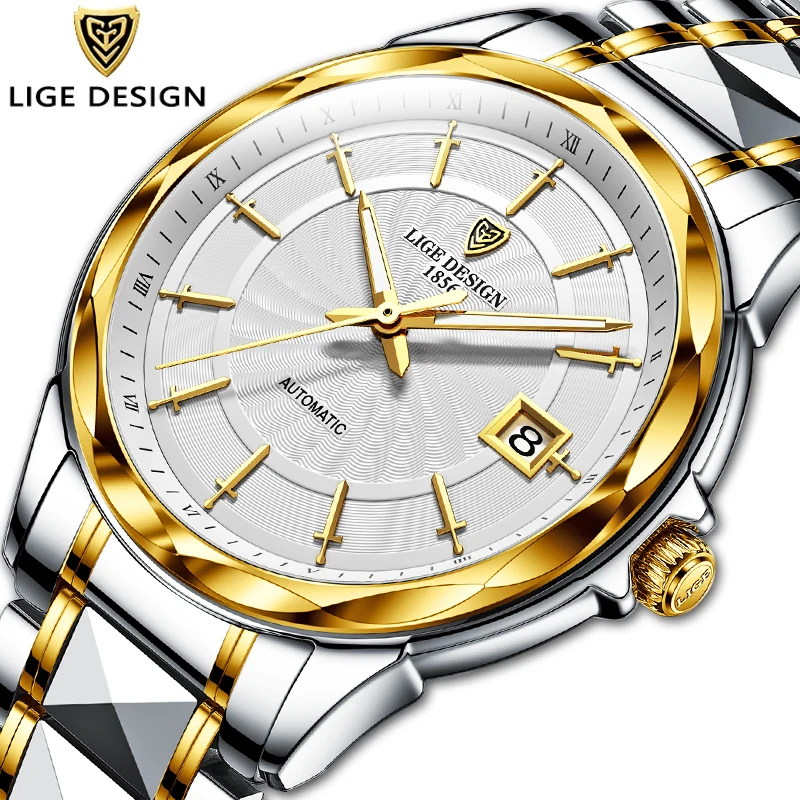 LIGE New Sword-Shaped Pointer Automatic Mechanical Watch Luxury Tungsten Steel 50m Waterproof Business Watch for Men Wristwatch