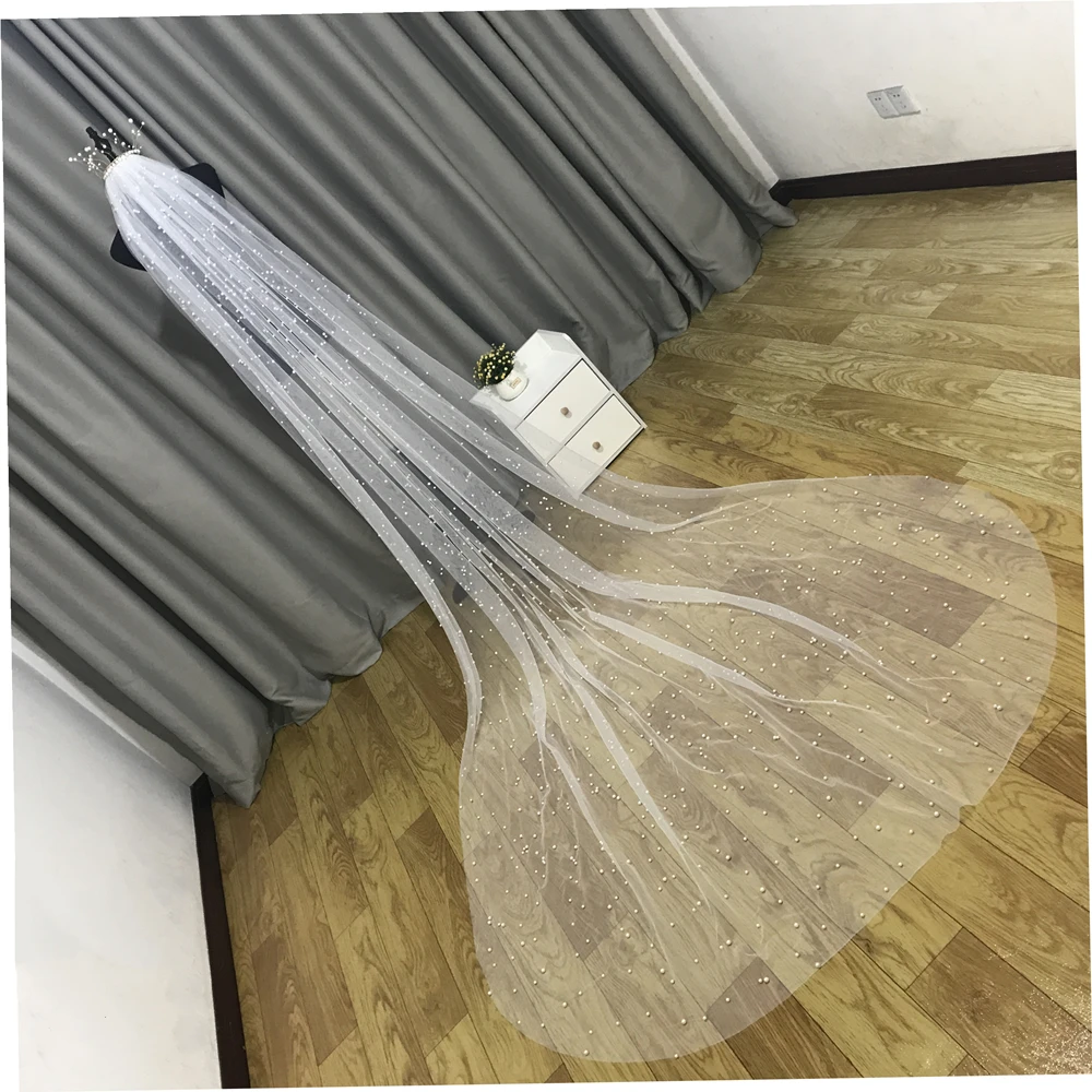 Hot Sale Women Tulle Bridal Veil Pearl Wedding Veil 1 Tier 3M long veil White ivory veil wedding accessories With comb