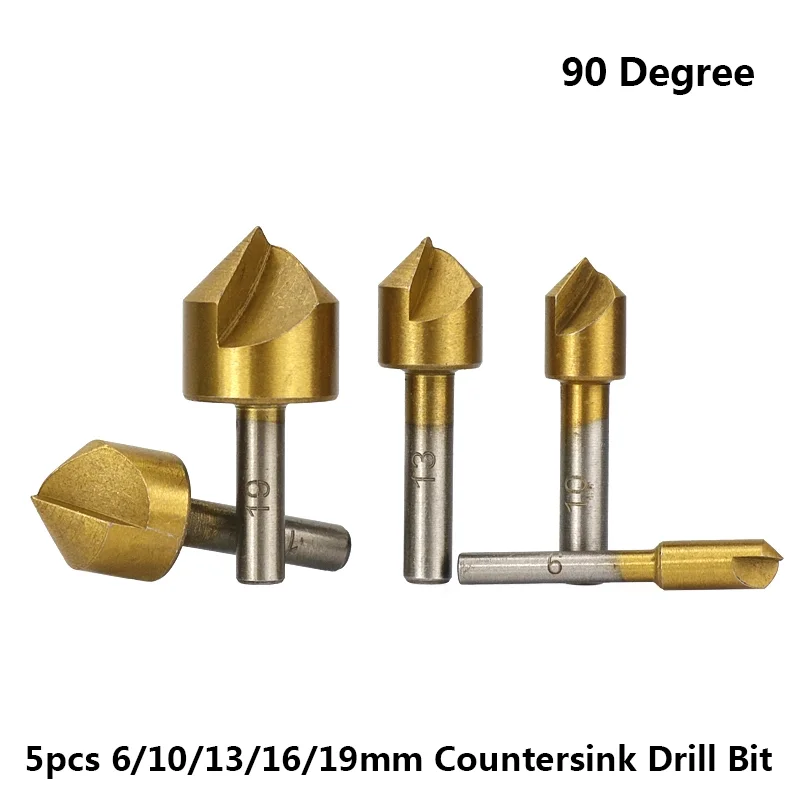 

5pcs 90 Degree 6/10/13/16/19mm Countersink Drill Bit Set Carbon Steel Round Shank 1 Flute Drill Bit Wood Chamfering Cutter