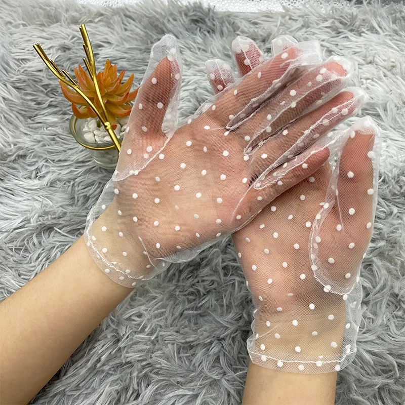 Women Sexy Lace Gloves Polka Dot Black White Mesh Tulle Gloves Lady Summer Sunscreen Mittens For Driving Thin Spot Gloves