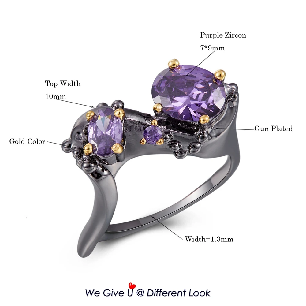 DreamCarnival New Geometric Rings Women Purple Couple Zircon Exaggerated Design Black-Gold Color Fashion Gift Big Sale WA11789