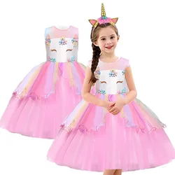 2024  Kids Unicorn Dress Girls Flower Appliques Ball Gown Little Girl Princess Dresses Elegant Party Costumes Children Clothing