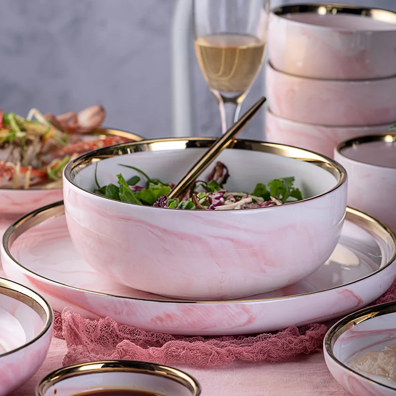 20pcs Pink/Grey Marble Ceramic Dinnerware Set Rice Salad Noodles Bowl Soup charge Plates Dish Kitchen Tableware For Family Use