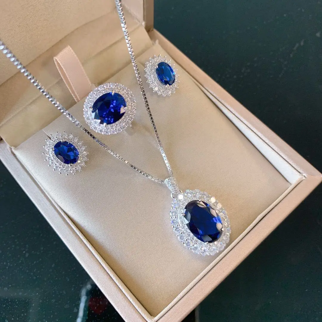 

QTT Gorgeous 925 Sterling Silver Wedding Jewelry Sets Blue Oval Cubic Zirconia Pendant Necklace Earrings Ring Set