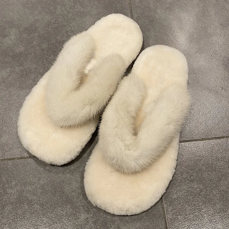 Warm Fluffy Slippers Women′s Comfortable 100% Mink Fur Cross Indoor Floor Slippers Flat Soft Fur Shoes Ladies Flip Flops