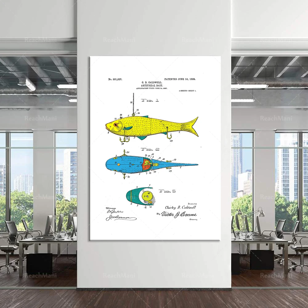 Color patent printing bait, artificial bait fishing patent, fish patent wall art poster