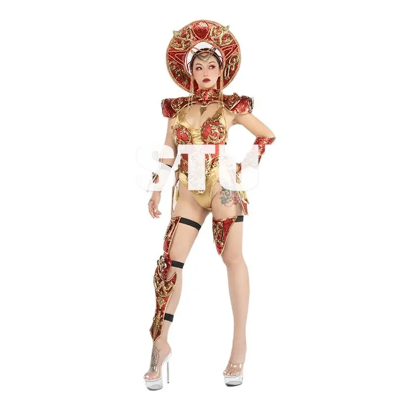 Female one-piece Nightclub Bodysuit Chinese style gold red gold future Armor gogo costume